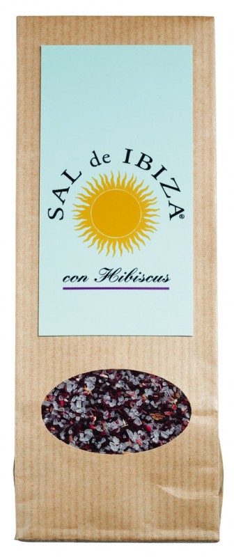 Granito con hibiscus, recambio, sal marina con hibiscus, en bolsa con ventana, Sal de Ibiza - 150g - bolsa