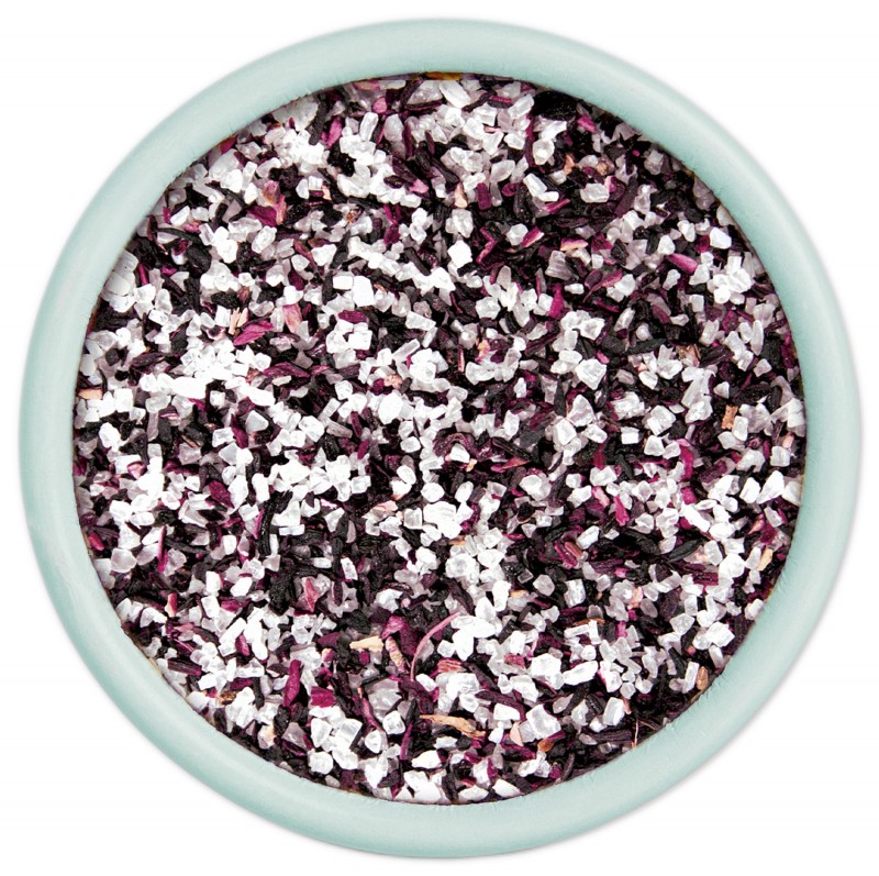 Granito con hibiscus, recambio, sal marina con hibiscus, en bolsa con ventana, Sal de Ibiza - 150g - bolsa