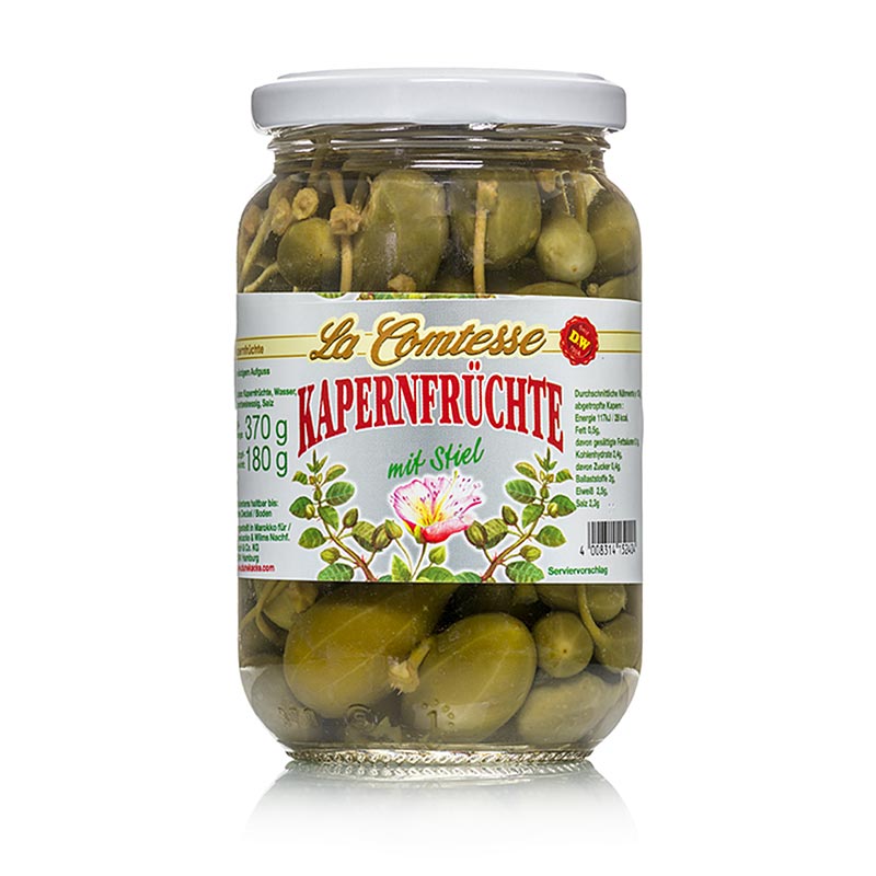 Frutos de alcaparras, grandes, com caule, 18mm, La Comtesse - 370g - Vidro Frutos de alcaparras, grandes, com caule, 18mm, La Comtesse - 370g - Vidro