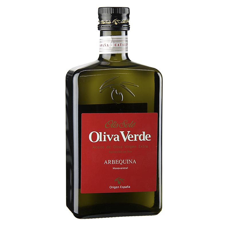 Oli d`oliva verge extra, Oliva Verde, Arbequina, etiqueta vermella - 500 ml - Ampolla