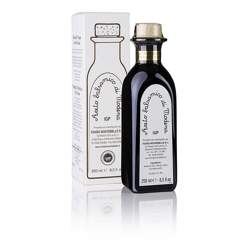 Aceto Balsamico, Fondo Montebello di Modena 8 ar, (FM01) vit forpackning - 250 ml - Flaska Aceto Balsamico, Fondo Montebello di Modena 8 ar, (FM01) vit forpackning - 250 ml - Flaska