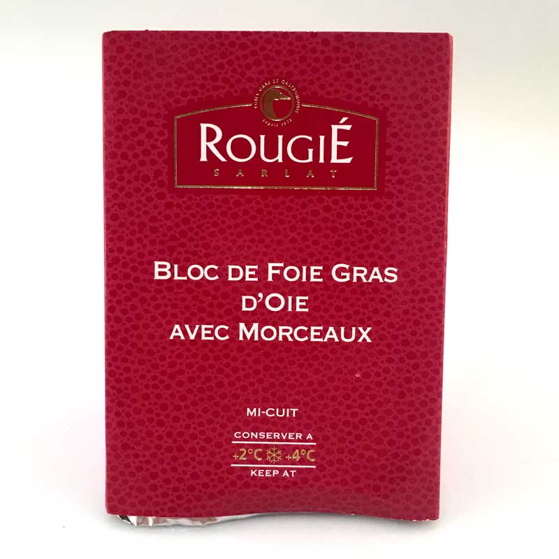 Block av gaslever, med bitar, foie gras, trapets, halvkonserverad, rougie - 180 g - PE-skal