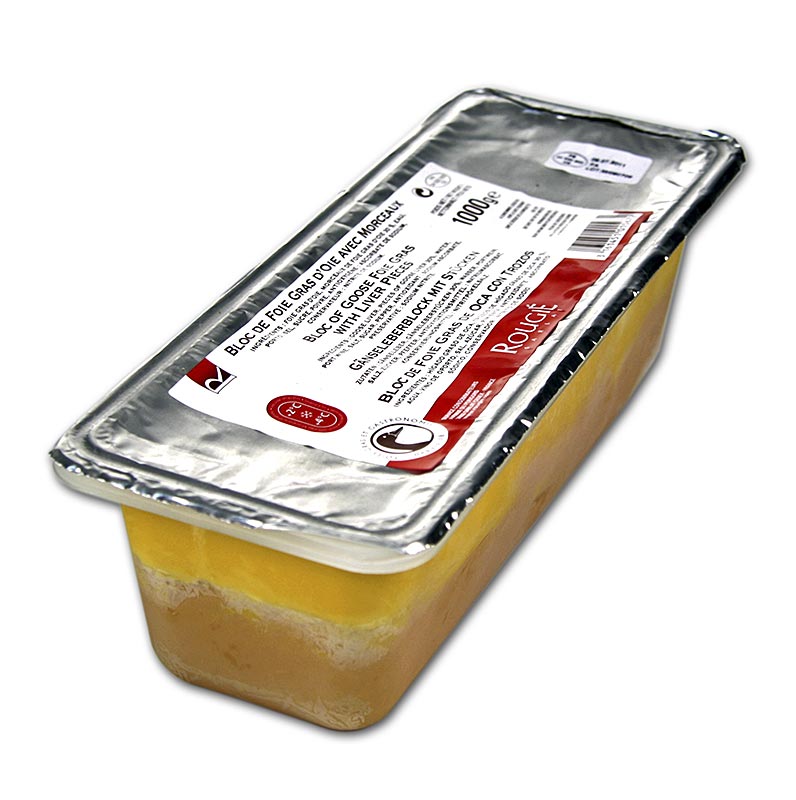 Blocco di fegato d`oca, con pezzi, foie gras, trapezio, semiconservato, rougie - 1 kg - Guscio in PE