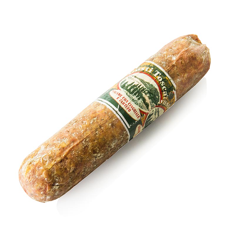 Salame trufado de javali, cerca de 23cm, Ø 4cm, com trufas de verao, Gusti Toscani - aproximadamente 400g - vacuo Salame trufado de javali, cerca de 23cm, Ø 4cm, com trufas de verao, Gusti Toscani - aproximadamente 400g - vacuo