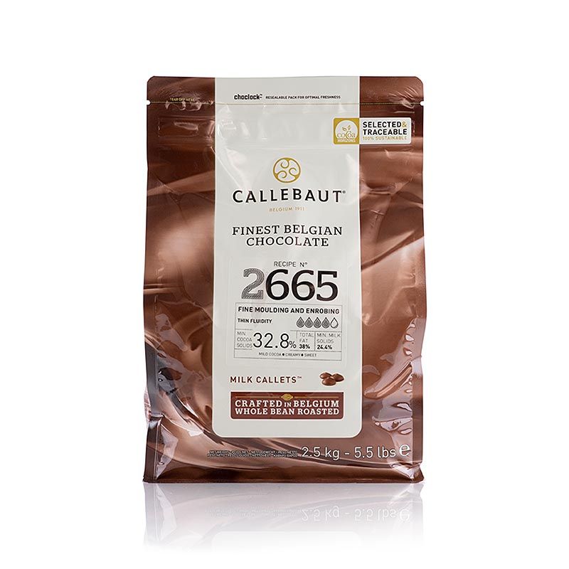 Callebaut leche entera, fina, tipo callets, 33,3% cacao (2665NV) - 2,5 kilos - bolsa