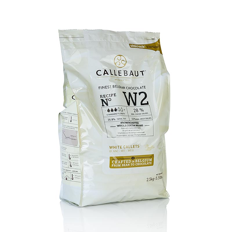 Callebaut Couverture Callets: blanco, 28% manteca de cacao, 22% leche, W2NV - 2,5 kilos - bolsa