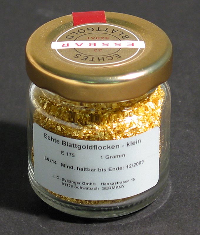 Oro - hojuelas de pan de oro, pequenas, 22 quilates, E175 - 1g - Vaso
