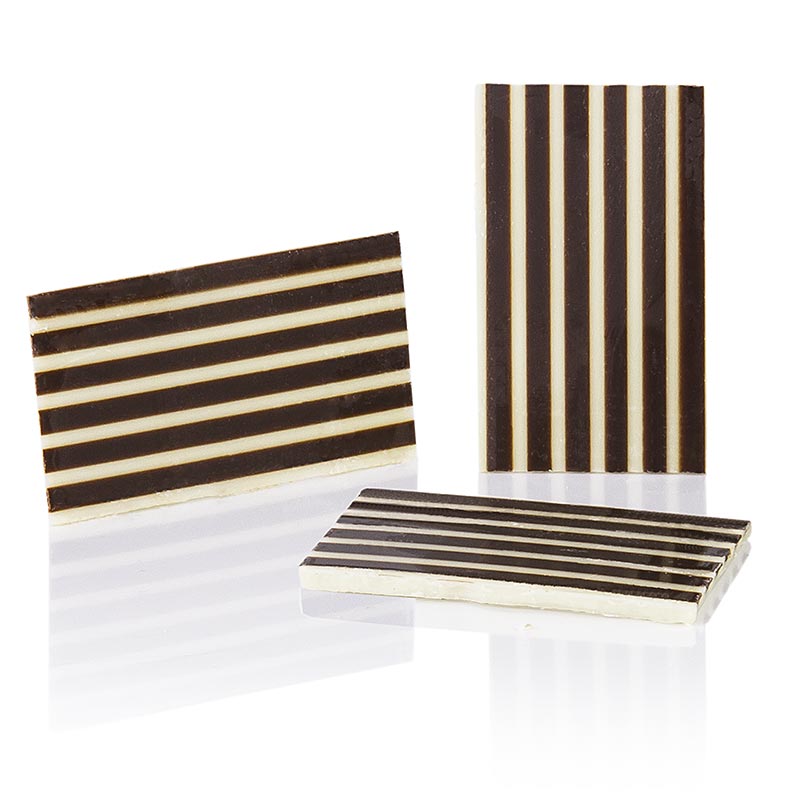 Dekorativ topper Stripes - rektangel, hvit / moerk sjokolade, stripete, 25 x 40 mm - 680g, 350 stykker - Kartong