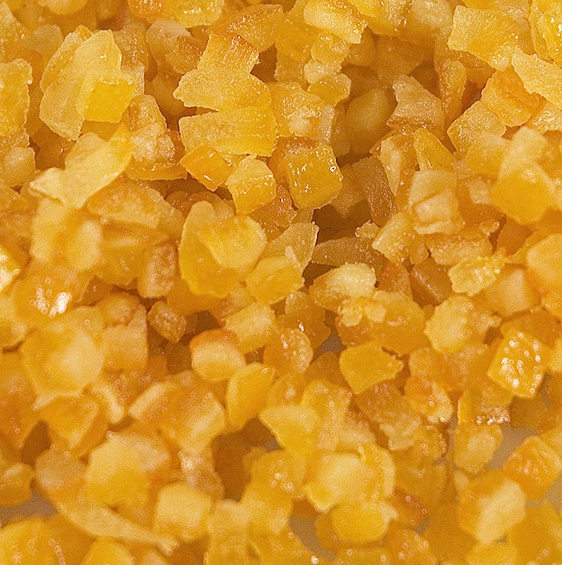 Casca de laranja, casca de laranja cristalizada, cortada em cubos finos, 3 mm - 1 kg - bolsa