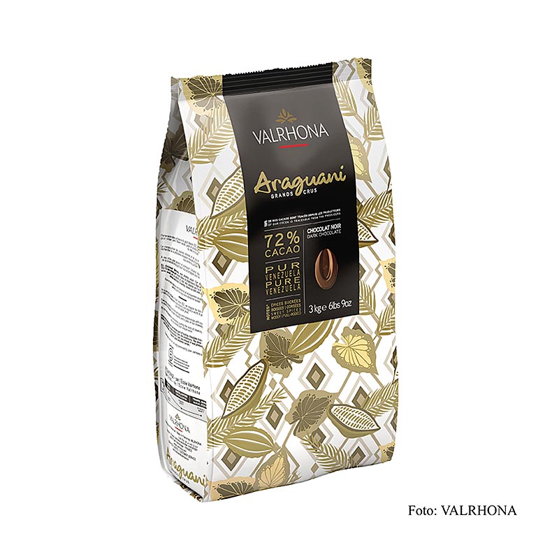 Valrhona Araguani Grand Cru, cobertura oscura como callets, 72% cacao de Venezuela - 3 kilos - bolsa