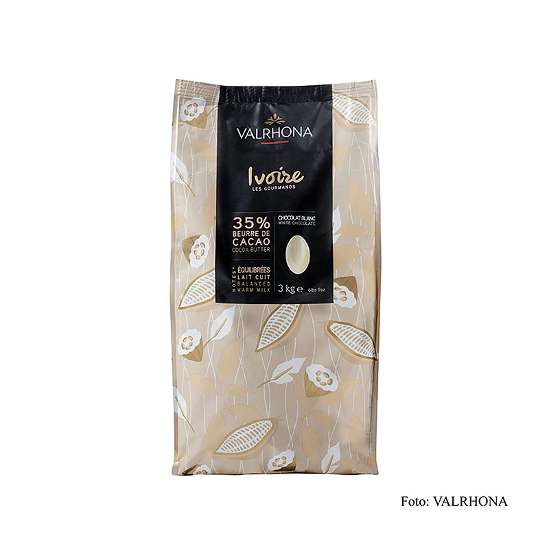 Valrhona Ivoire, valkoinen couverture, callets, 35% kaakaovoita, 21% Valrhona-maitoa - 3 kg - laukku