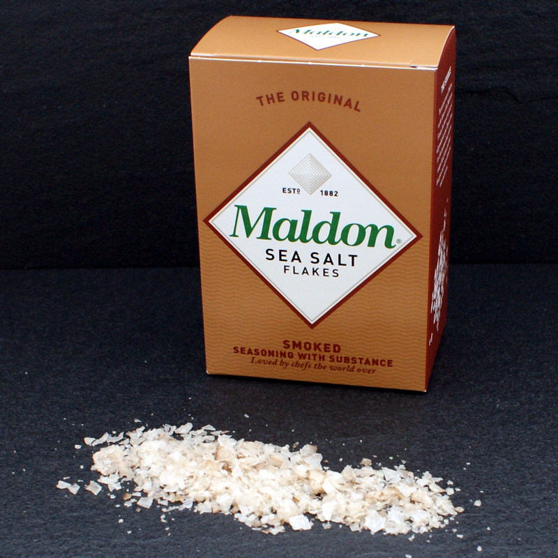 Fiocchi di sale marino Maldon, affumicato, sale marino proveniente  dall`Inghilterra, 125 g, scatola