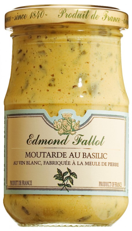 Moutarde au basilic, Dijon sinnep medh hvitvini og basiliku, Fallot - 205g - Gler