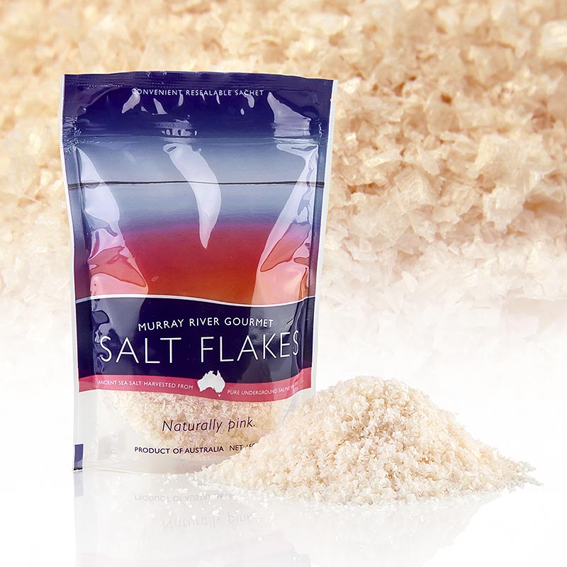 Murray River Salt - flocos de sal rosa, flocos de sal de salmoura rosa, da Australia - 150g - bolsa