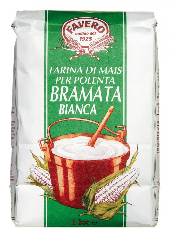 Farina di mais Bramata bianca, per polenta, farinha de milho grossa, branca, Favero - 1.000g - Bolsa