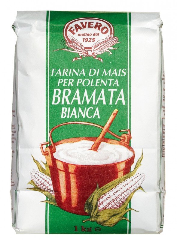 Farina di mais Bramata bianca, per polenta, farina di mais grosso, bianca, Favero - 1.000 g - Borsa