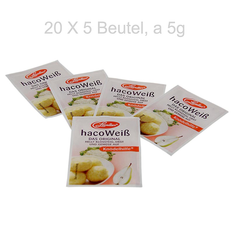 Auxiliar de bolinho Haco White, alvejante de batata, frutas e vegetais da Lucullus - 500g, 100x5g - caixa