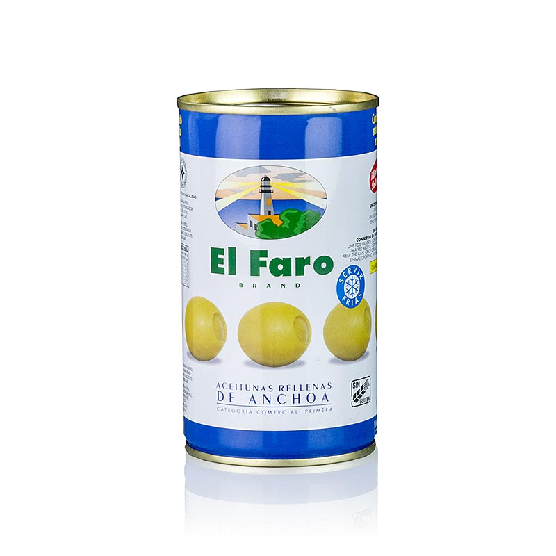 Olives verdes, amb anxoves (farciment d`anxoves), en salmorra, El Faro - 350 g - llauna