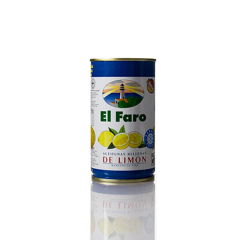 Vihreat oliivit, kivettomia, sitruunatahnalla, suolavedessa, El Faro - 350g - voi