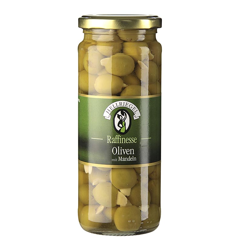 Vihreat oliivit, kivettomia, manteleita, suolavedessa, Jardinelle - 440 g - Lasi