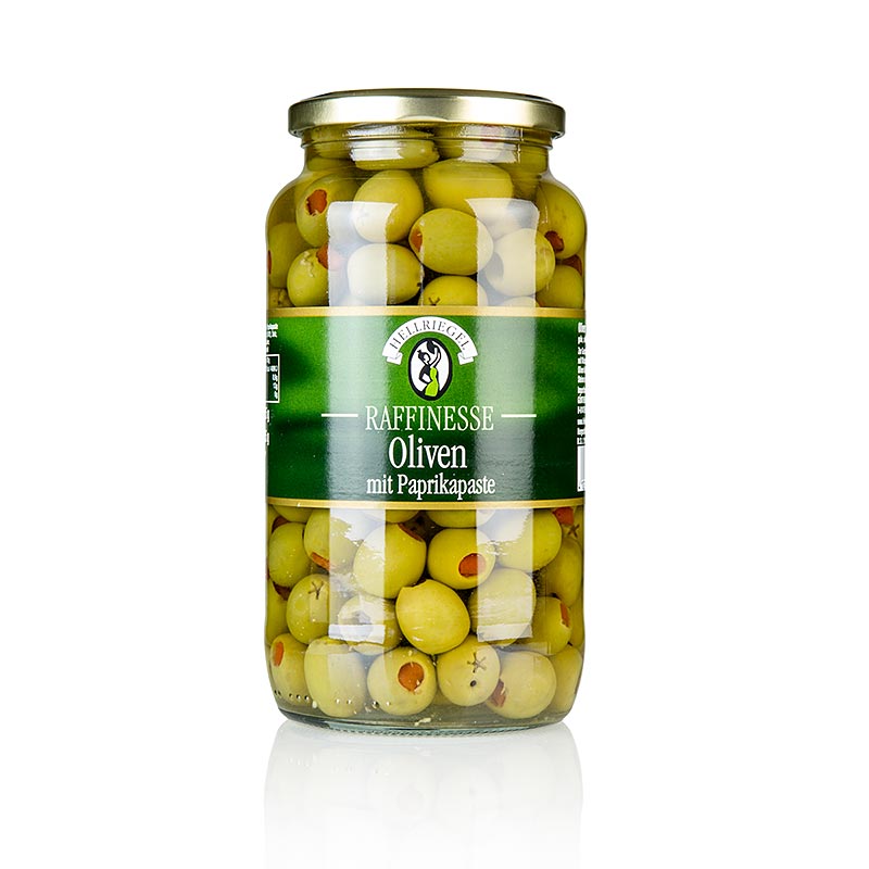 Grona oliver, med paprikapasta, i saltlake, sofistikerad - 935g - Glas