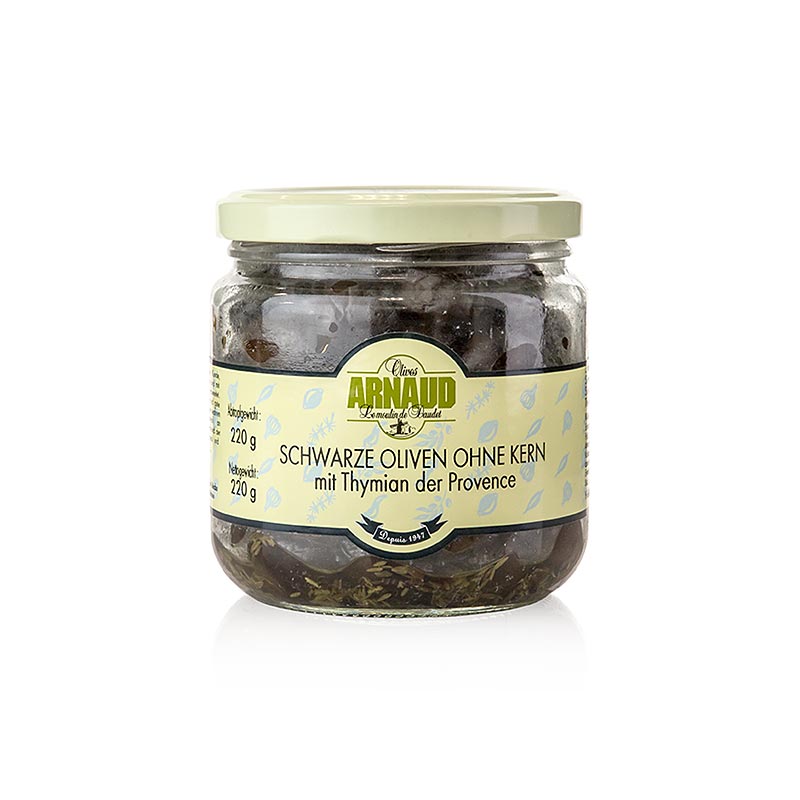 Svarte oliven, pitted, med timian, i solsikkeolje, Arnaud - 220 g - Glass