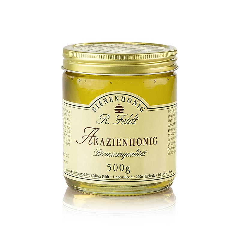 Akaciahonung, Ungern, ljusgyllen, flytande, delikat - sot, bra for sotning. Feldt Biodling - 500 g - Glas