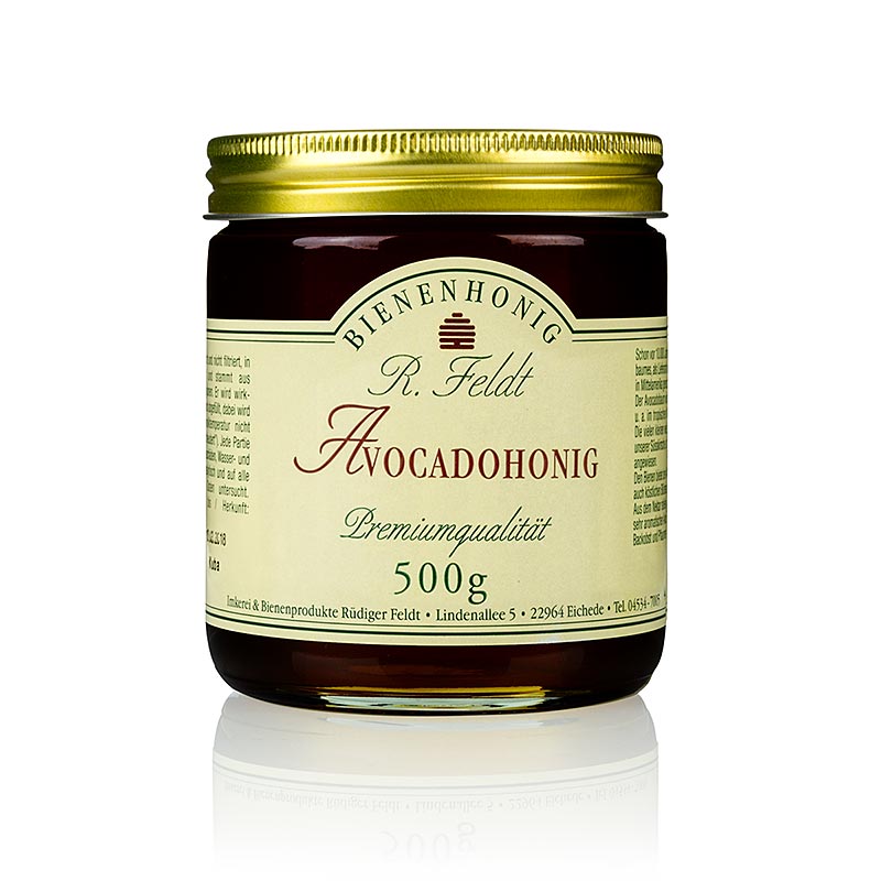 Miele di avocado, Messico, aroma scuro, liquido, leggero di prugna Apicoltura Feldt - 500 g - Bicchiere