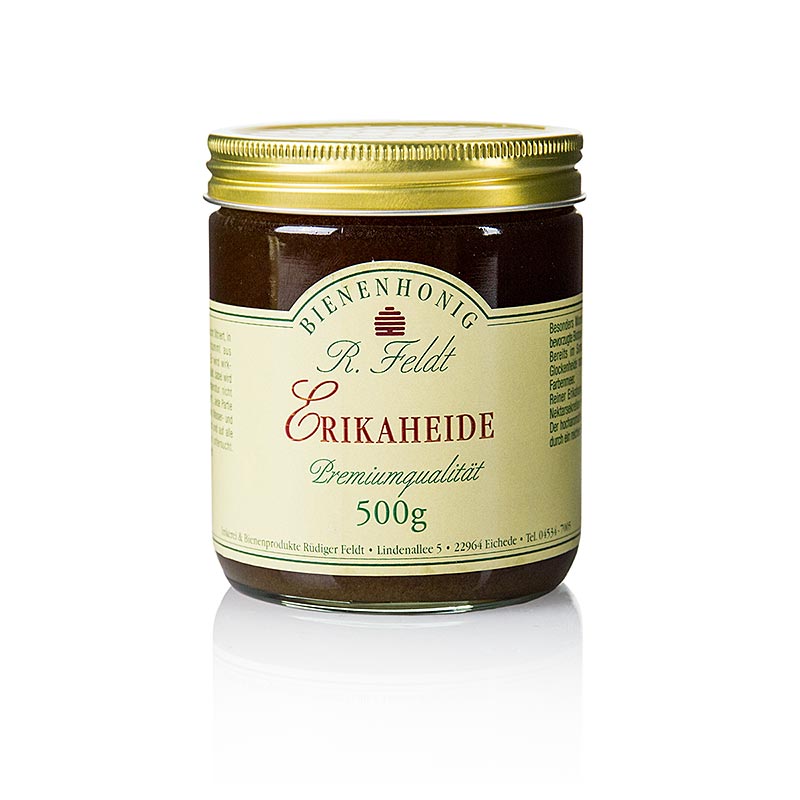 Erika kanervan hunaja, Espanja tai Ranska, tumma, erittain aromaattinen, kukkainen Beekeeping Feldt - 500g - Lasi