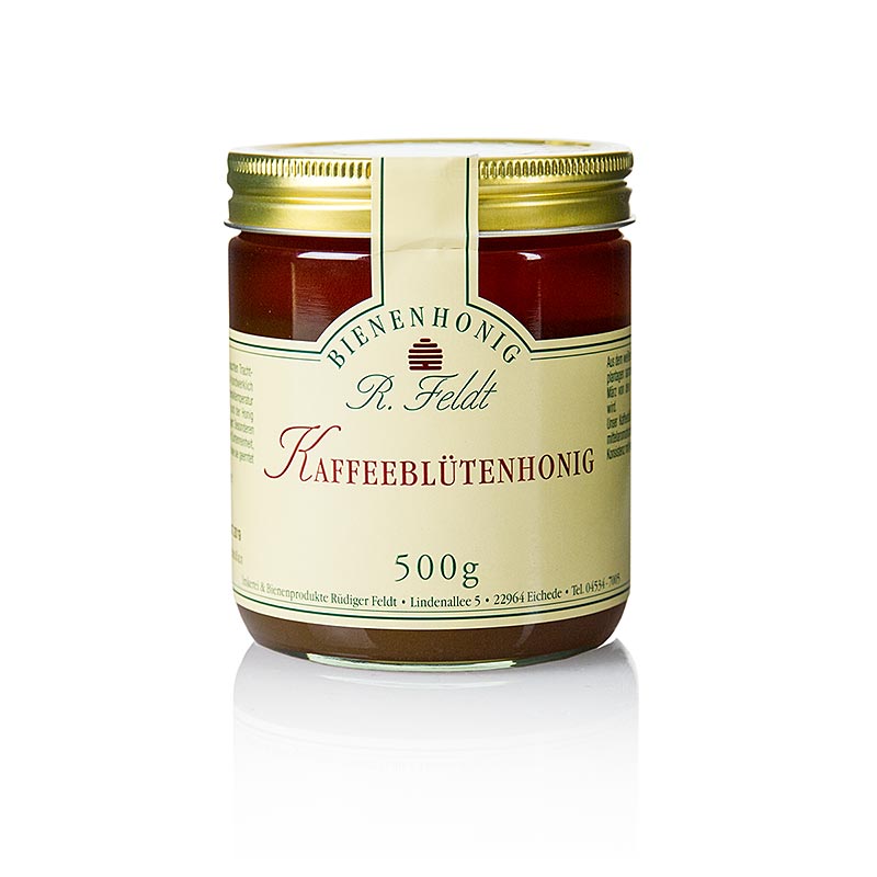 Miel de flor de cafeto, oscura, cremosa, suave y delicadamente aromatica de Beekeeping Feldt - 500g - Vaso