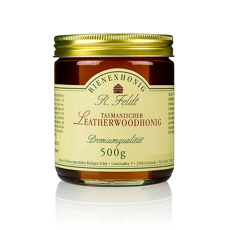 Nahkapuuhunaja, Tasmania, ruskea, nestemainen - kermainen, aromaattinen, eksoottinen Beekeeping Feldt - 500g - Lasi