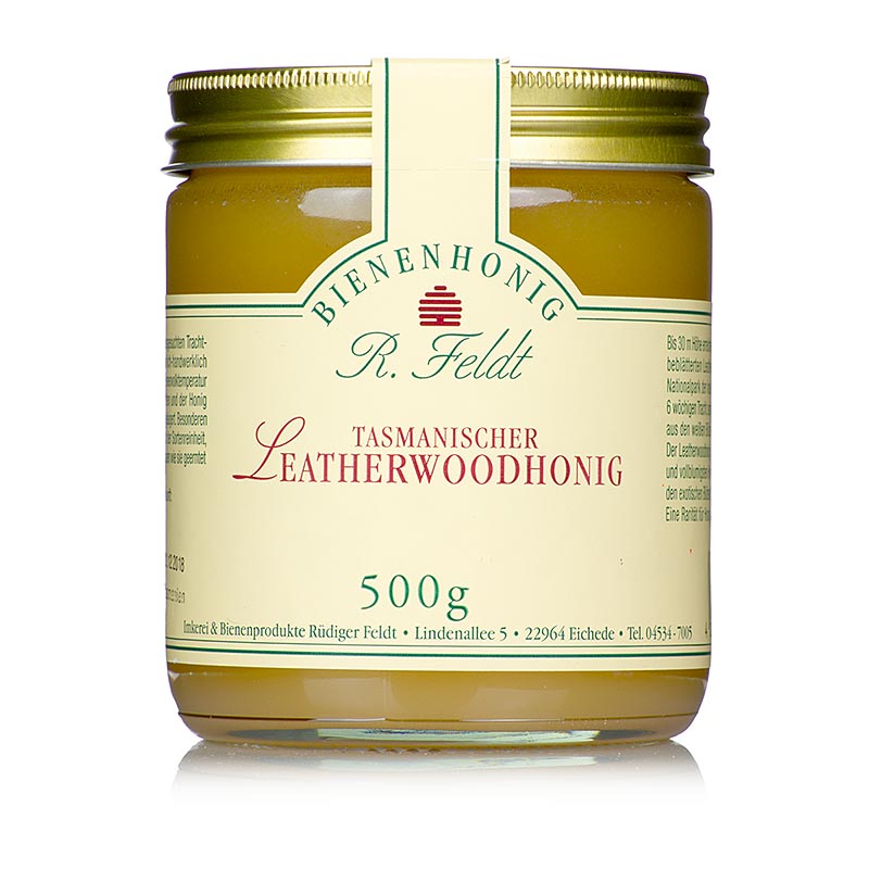 Miel de Leatherwood, Tasmania, marron, liquida - cremosa, aromatica, exotica Apicultura Feldt - 500g - Vaso