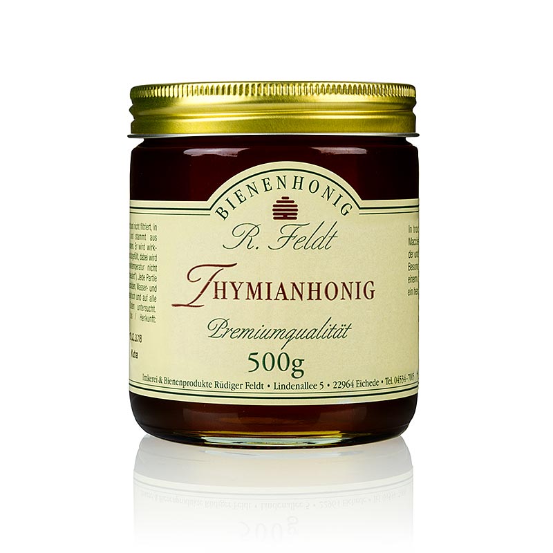 Miele di timo, timo selvatico di montagna, erbe aromatiche dell`apicoltura Feldt, altamente aromatiche - 500 g - Bicchiere