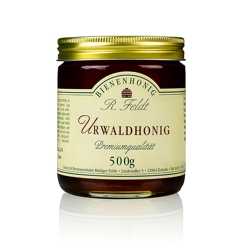 Frumskogarhunang, fljotandi til rjomalogudh, saett ilmandi, Feldt Beekeeping - 500g - Gler