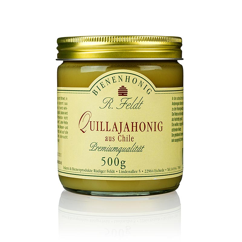 Miele di Quillaja, Cile, giallo scuro, aromatico cremoso, nocciolato Apicoltura Feldt - 500 g - Bicchiere