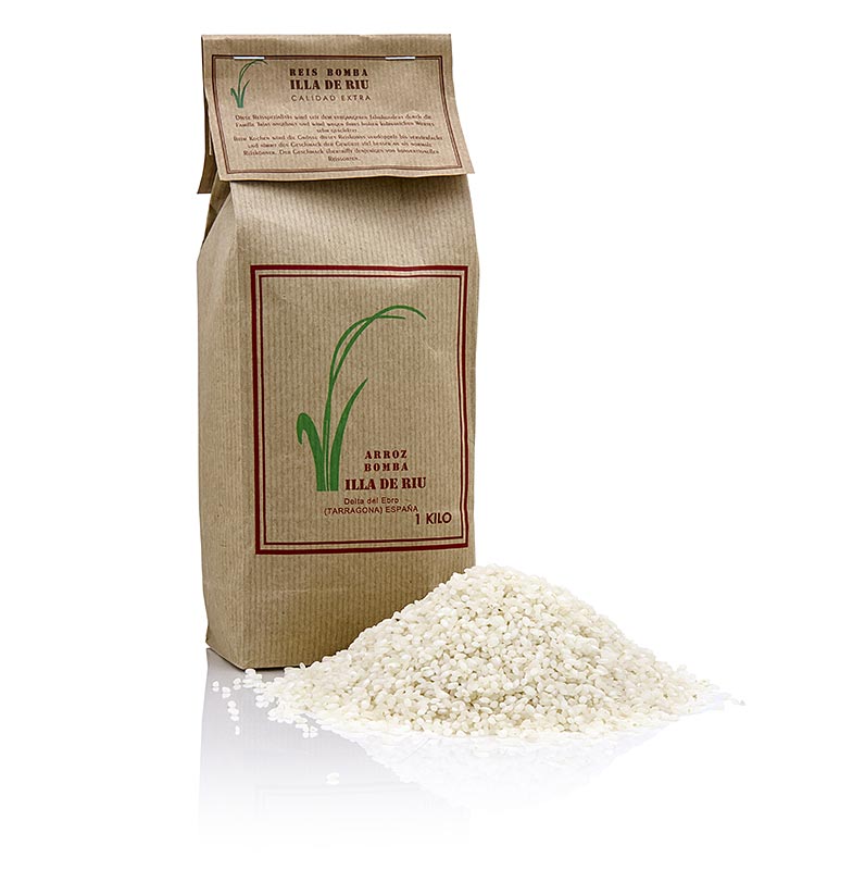 Arroz Bomba, riso a chicco corto, per paella e risotti, Delta dell`Ebro / Spagna - 1 kg - Borsa