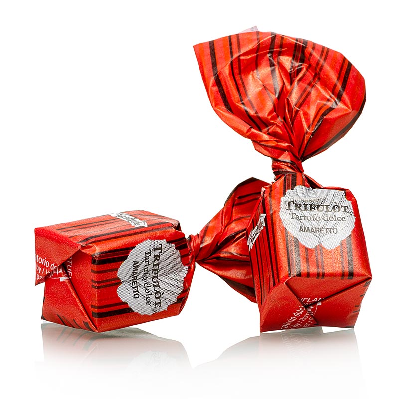 Minitroeffelpraliner fra Tartuflanghe Tartufo Dolce di Alba AMARETTO med mandler a 7g, roedt papir - 200 g - bag