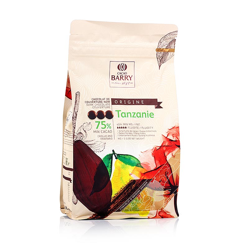 Origine Tanzanie, tumma suklaa, Callets, 75% kaakaota Cacao Barrysta - 1 kg - laatikko