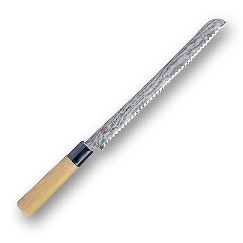 Haiku Damask HD-08 Cuchillo para pan Damasco, 25cm, madera de cerezo, plegado 32 veces - 1 pieza - caja