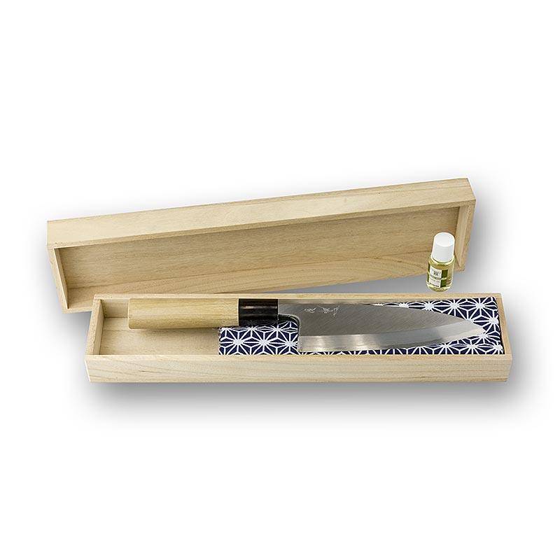 Haiku Pro HP-5 Deba, cuchillo para pescado, 15 cm, afilado unilateral, caja de madera / aceite / pano - 1 pieza - caja de madera