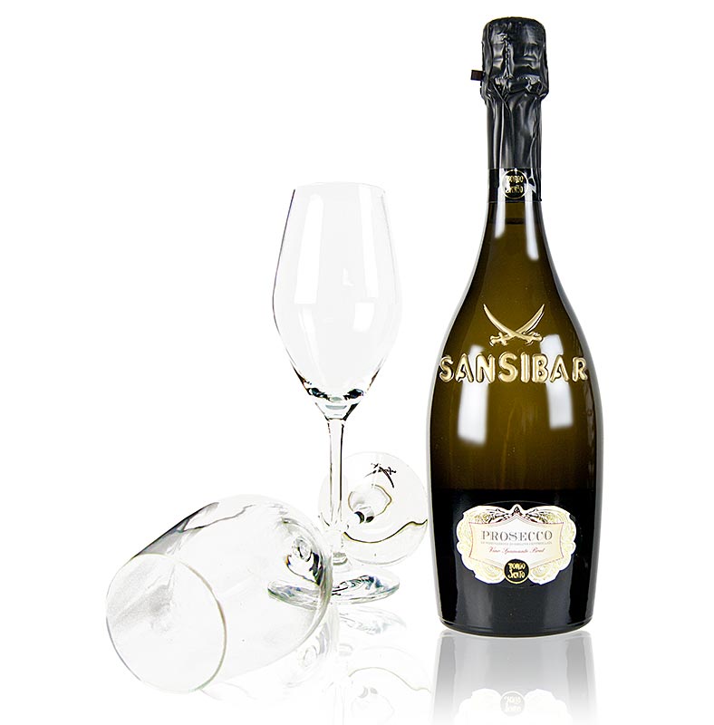 Sansibar`s Best San Simone Prosecco Brut 0,75l + 2 bicchieri da champagne Riedel - 3 pezzi - Cartone