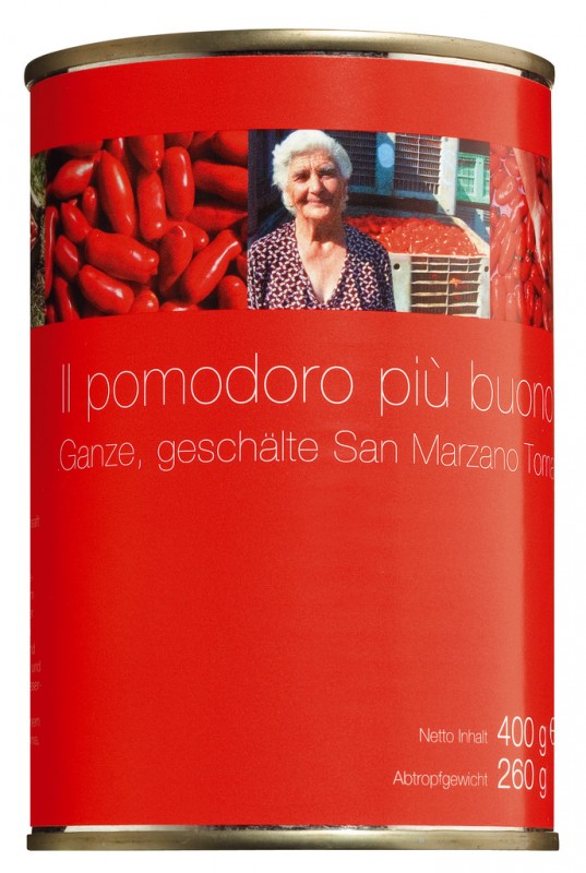 San Marzano, heilir, skraeldir tomatar af San Marzano tegundinni, Il pomodoro piu buono del Vesuvio fra Kampaniu / Italiu - 400g - dos