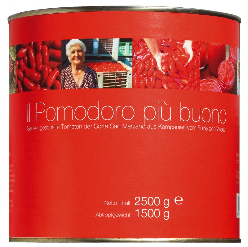 San Marzano, tomates enteros pelados de la variedad San Marzano due, Il pomodoro piu buono del Vesuvio de Campania / Italia - 2.500 gramos - poder