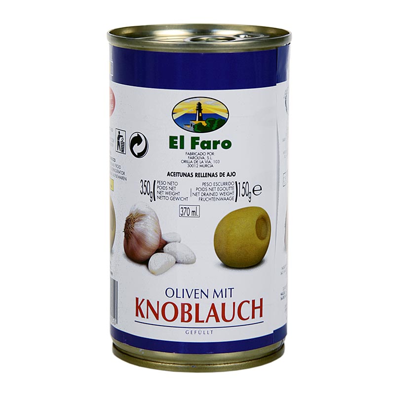 Olives verdes, sense pinyol, amb pasta d`all, en salmorra, El Faro - 350 g - llauna