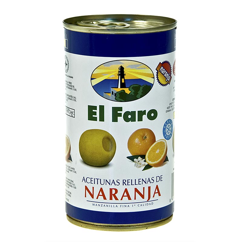 Groenne oliven, uthulet, med appelsinpasta, i saltlake, El Faro - 350 g - kan