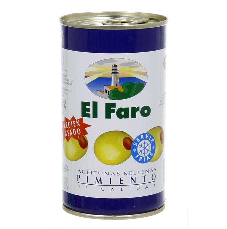 Grona oliver, urkarnade, med paprikapasta, i saltlake, El Faro - 350 g - burk