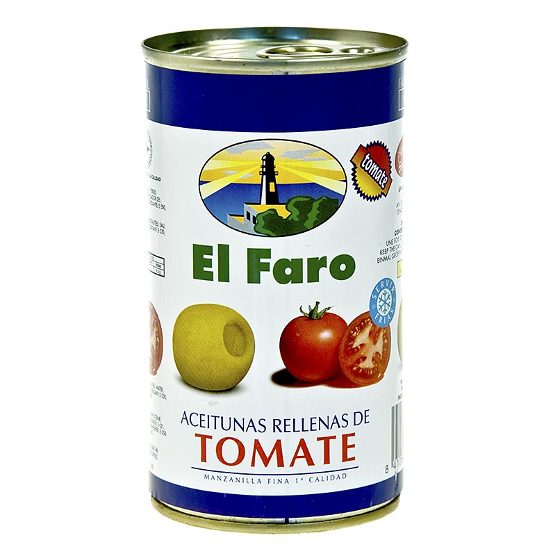Zaitun hijau, diadu, dengan tomat, dalam air garam, El Faro - 350 gram - Bisa
