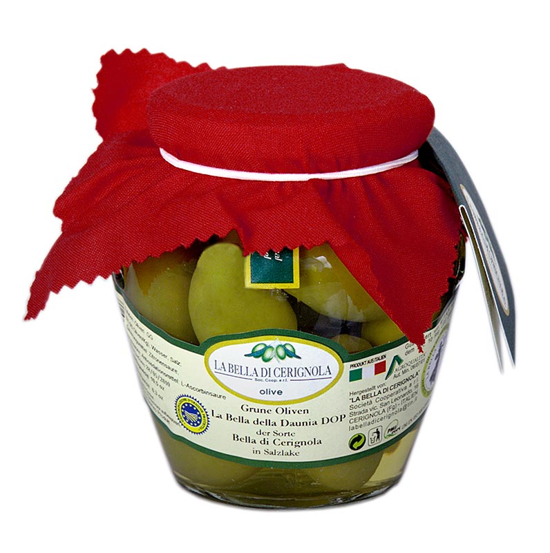 Olives verdes gegants, amb pinyol, Bella di Cerignola, en salmorra - 300 g - Vidre