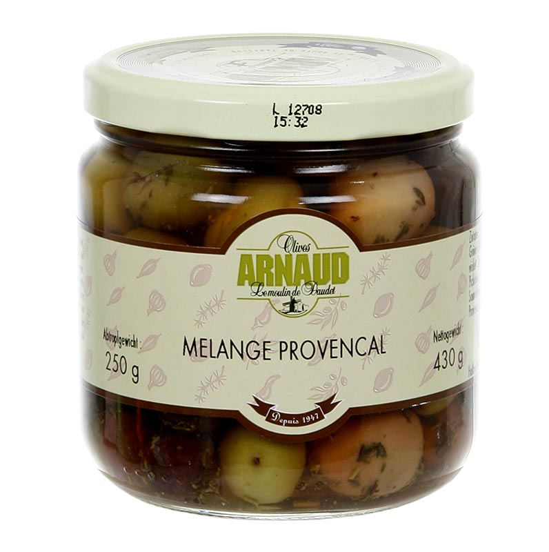 Miscela di olive, Melange provenzale, con nocciolo, con timo, in salamoia, Arnaud - 430 g - Bicchiere