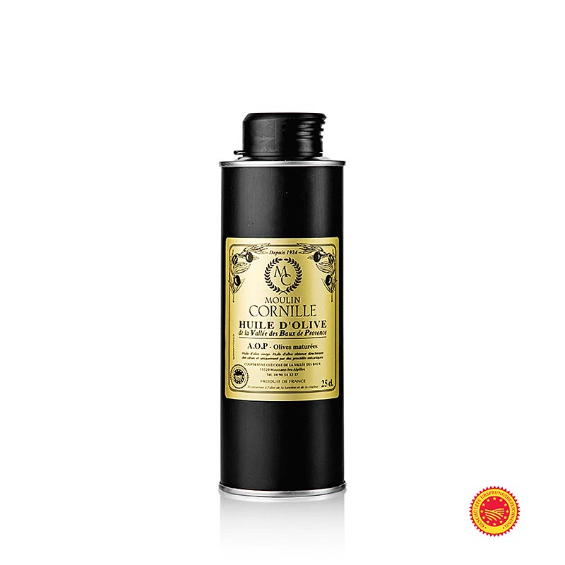 Oli d`oliva verge, Fruite Noir, lleugerament dolc, Baux de Provence, DOP, Cornille - 250 ml - Ampolla